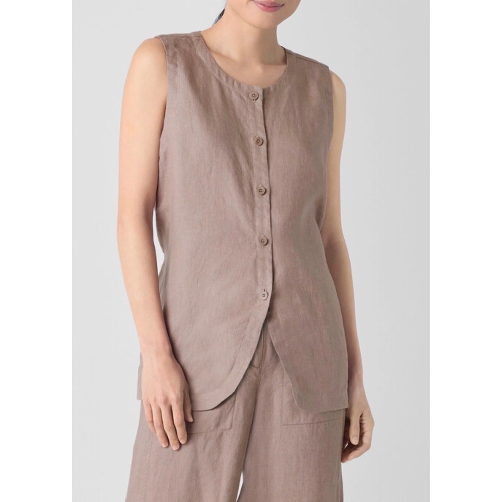 Eileen Fisher Womens XL Organic Linen Button Front Tie Back Vest Top Beige XL